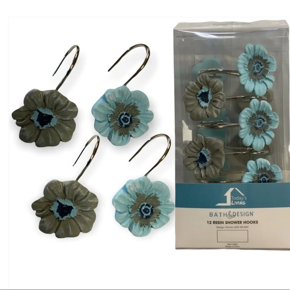 Flower Shower Hooks Resin Sun Splash Collection Blue Clay-Grey Set of 12 Hooks